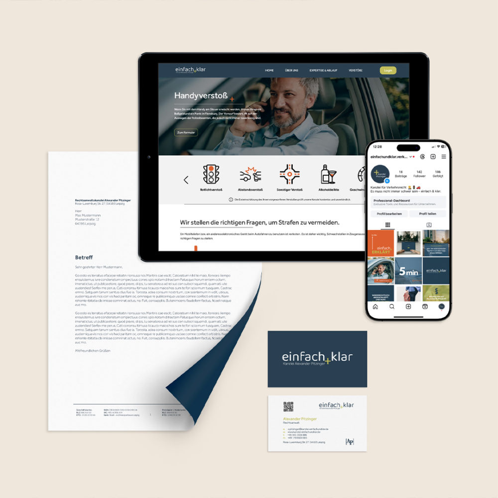 Projekt aus dem Bereich Grafikdesign: Markenentwicklung inklusive Website und Anwendertool für einfach + klar Kanzlei für Verkehrsrecht