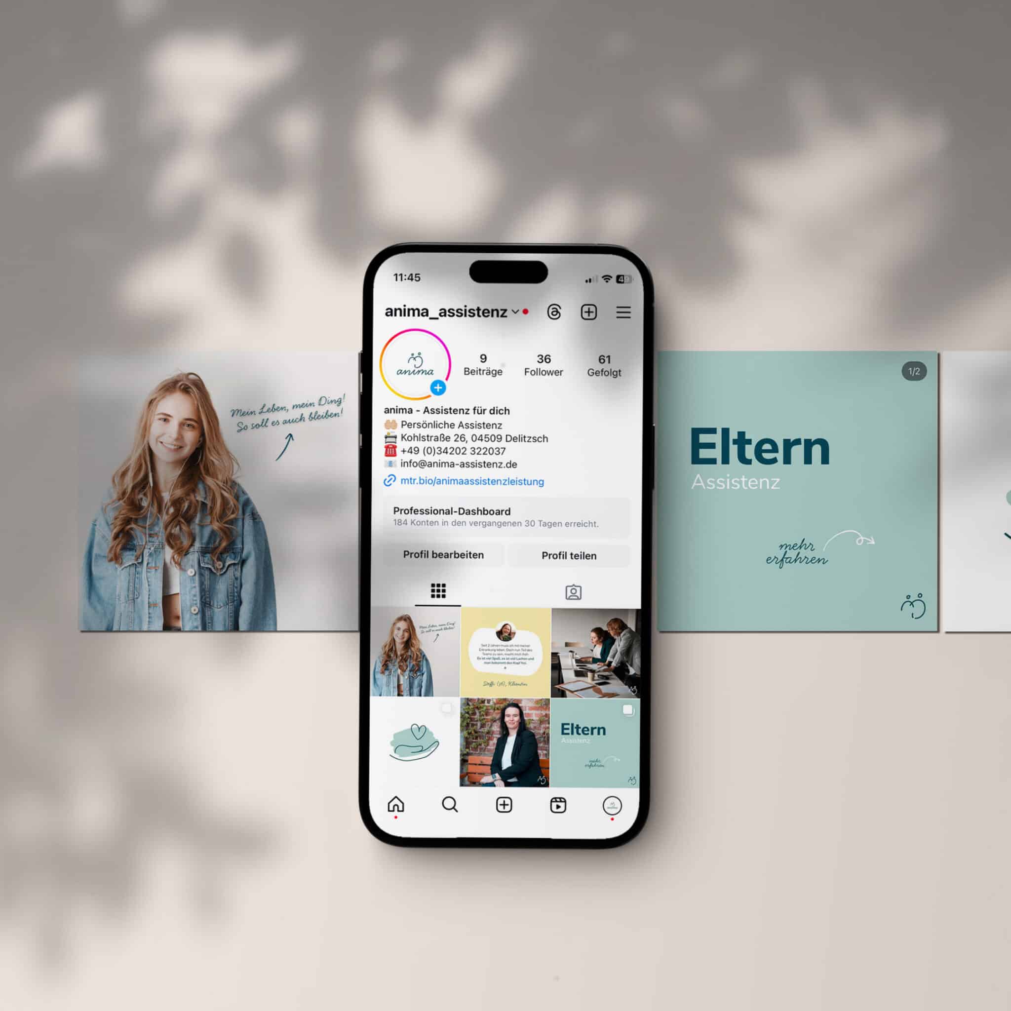 Ein iPhone zeigt den Instagram Account unseres Kunden anima. Die einzelnen Post behandeln in farbenfrohem Design das Thema Pflege- und Assistenzleistungen. Hierbei haben wir uns als Grafikagentur um eine komplett neue Markenentwicklung für den Kunden anima gekümmert.