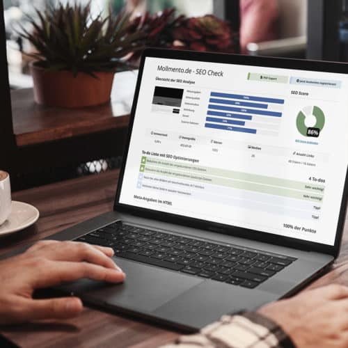 Auf dem Display eines Mac Books ist eine SEO-Analyse Seite geöffnet, die anhand von Grafiken die sehr gute Auswertung von mollmento zeigt.